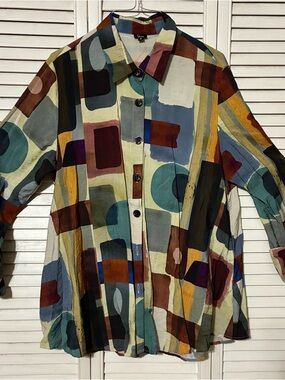 Multicolor Abstract Print Button-Front Blouse - Green/Blue/Brown with pockets